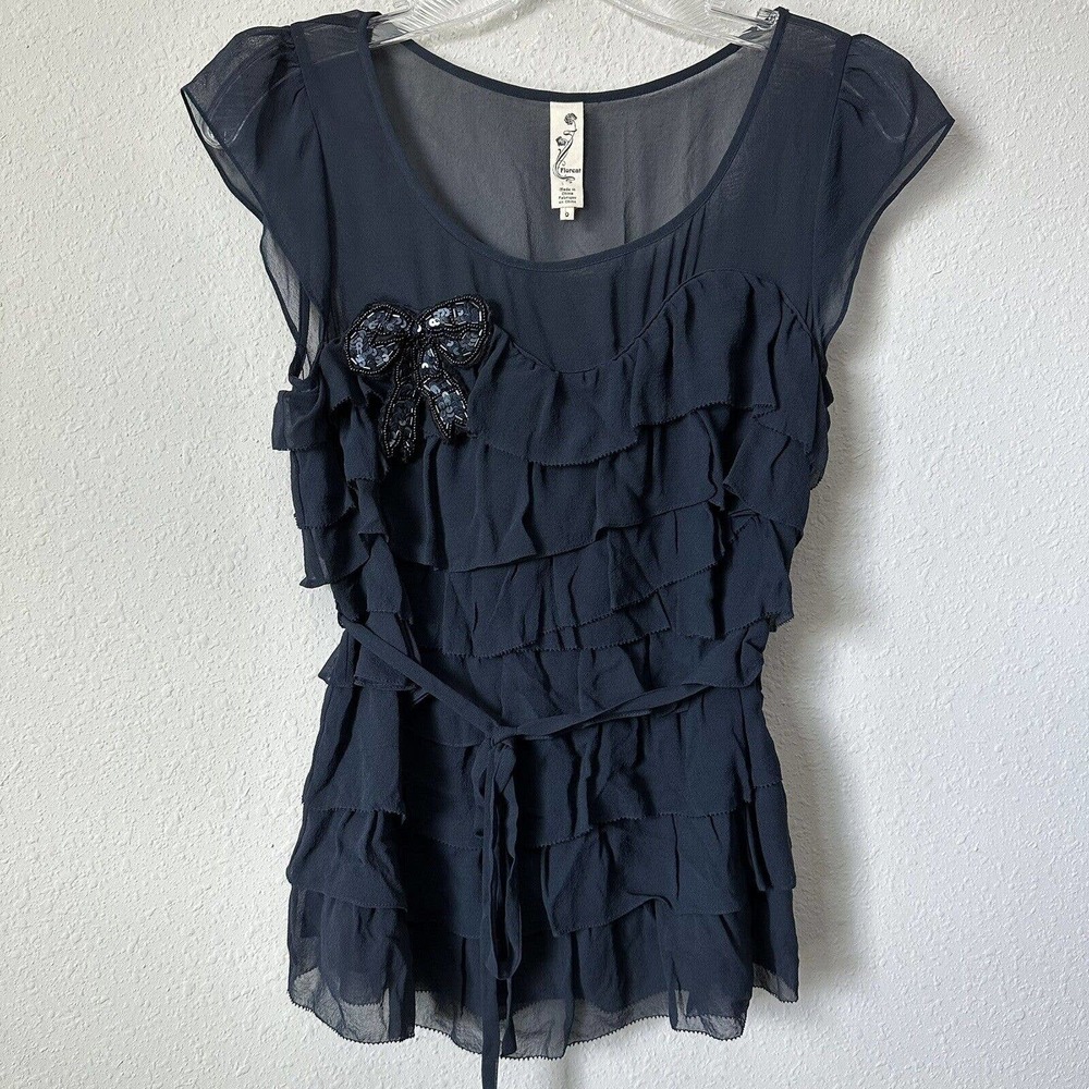 Anthropologie Floreat Ellsworth Silk Ruffle Tiered Sequin Bow Blouse